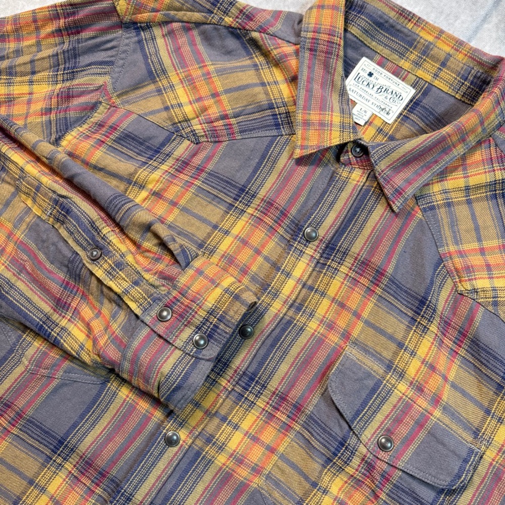 Lucky Brand Mens Saturday Stretch Plaid Western Snap Front Shirt Grey Yellow L